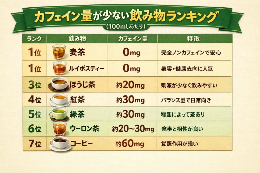 カフェイン量が少ない飲み物ランキング